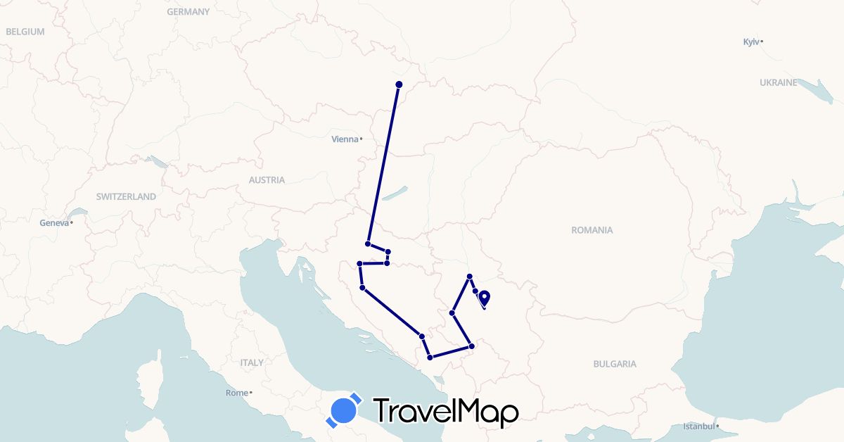 TravelMap itinerary: driving in Bosnia and Herzegovina, Czech Republic, Croatia, Montenegro, Serbia (Europe)